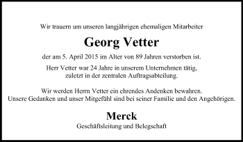 Traueranzeige von Georg Vetter von Echo-Zeitungen (Gesamtausgabe)