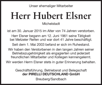 Traueranzeige von Hubert Elsner von Odenwälder Echo