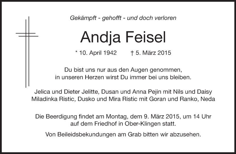  Traueranzeige für Andja Feisel vom 07.03.2015 aus Echo-Zeitungen (Gesamtausgabe)