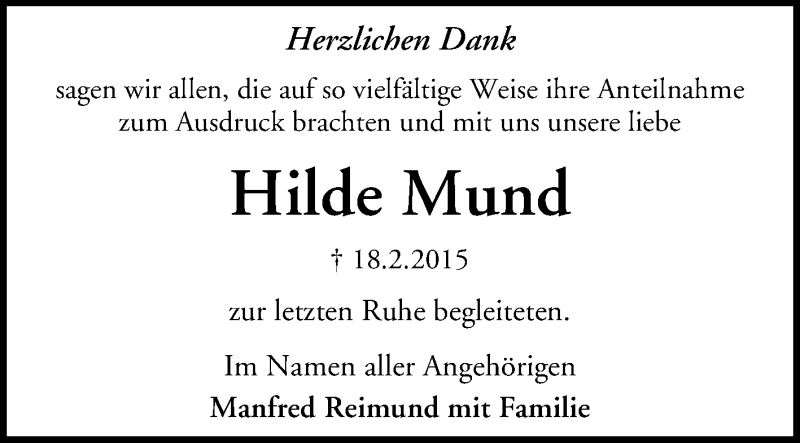  Traueranzeige für Hilde Mund vom 02.04.2015 aus Echo-Zeitungen (Gesamtausgabe)