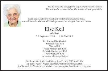 Traueranzeige von Else Keil von Echo-Zeitungen (Gesamtausgabe)