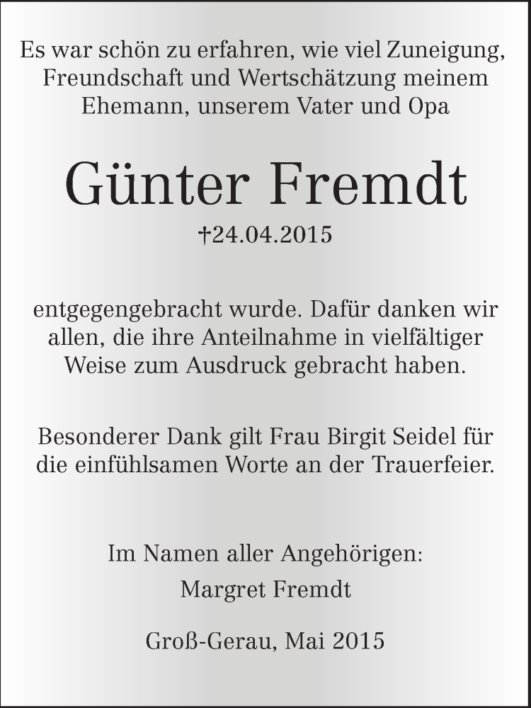  Traueranzeige für Günter Fremdt vom 16.05.2015 aus Rüsselsheimer Echo, Groß-Gerauer-Echo, Ried Echo