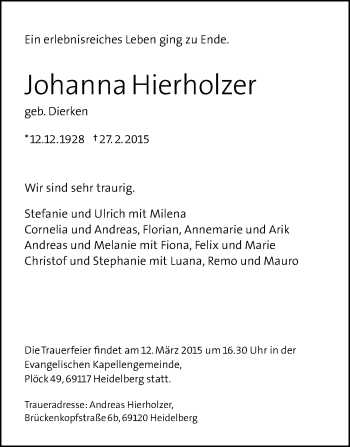 Traueranzeige von Johanna Hierholzer von Echo-Zeitungen (Gesamtausgabe)