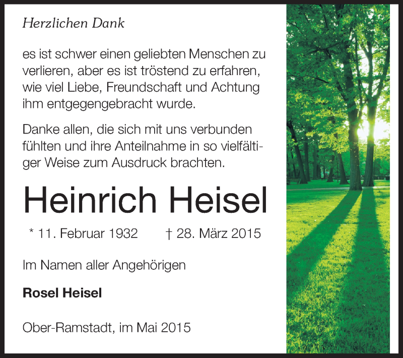  Traueranzeige für Heinrich Heisel vom 02.05.2015 aus Echo-Zeitungen (Gesamtausgabe)