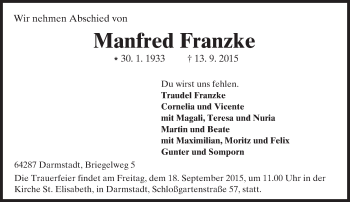 Traueranzeige von Manfred Franzke von trauer.echo-online.de