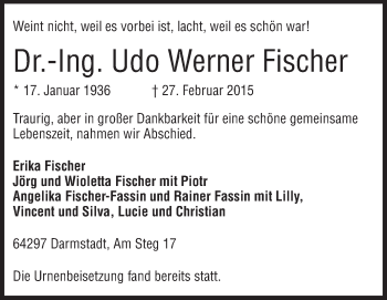 Traueranzeige von Udo Werner Fischer von Echo-Zeitungen (Gesamtausgabe)