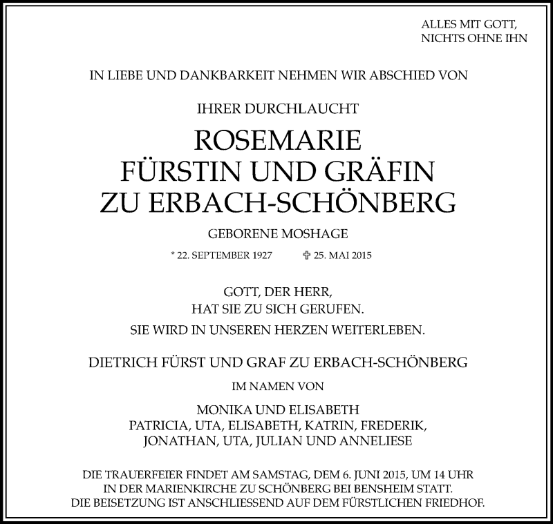  Traueranzeige für Rosemarie Fürstin und Gräfin zu Erbach-Schönberg vom 30.05.2015 aus Rüsselsheimer Echo, Groß-Gerauer-Echo, Ried Echo