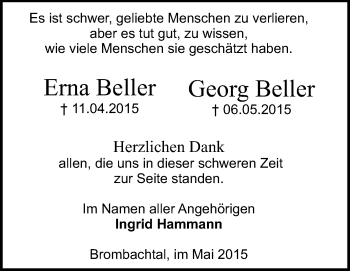 Traueranzeige von Erna und Georg Beller von Odenwälder Echo