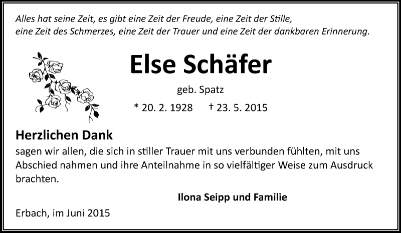  Traueranzeige für Else Schäfer vom 27.06.2015 aus Odenwälder Echo