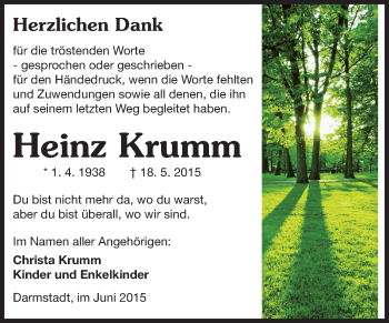 Traueranzeige von Heinz Krumm von Echo-Zeitungen (Gesamtausgabe)