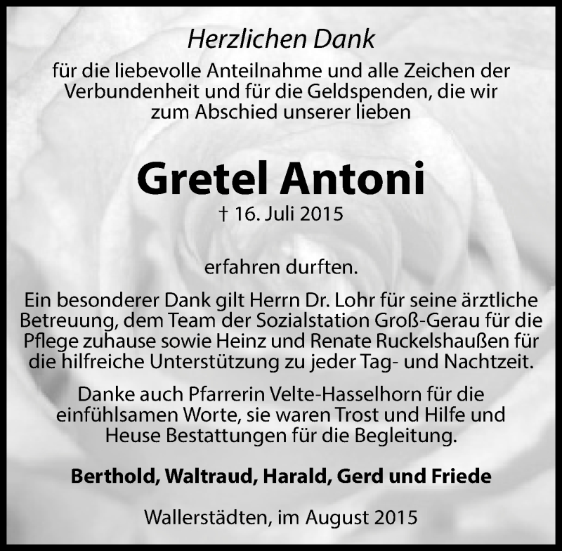 Traueranzeige für Gretel Antoni vom 15.08.2015 aus trauer.echo-online.de
