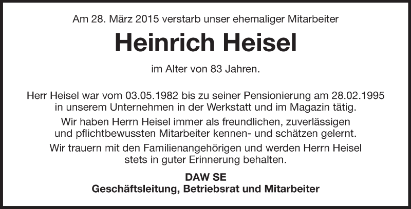  Traueranzeige für Heinrich Heisel vom 08.04.2015 aus Echo-Zeitungen (Gesamtausgabe)