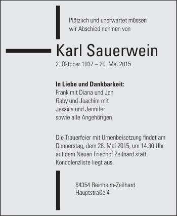 Traueranzeige von Karl Sauerwein von Echo-Zeitungen (Gesamtausgabe)