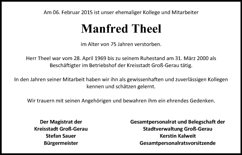  Traueranzeige für Manfred Theel vom 14.02.2015 aus Rüsselsheimer Echo, Groß-Gerauer-Echo, Ried Echo