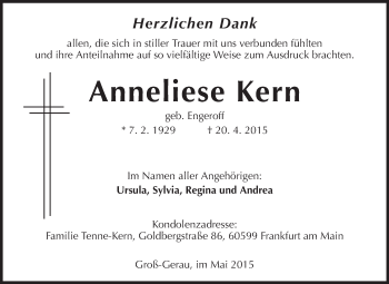 Traueranzeige von Anneliese Kern von Rüsselsheimer Echo, Groß-Gerauer-Echo, Ried Echo