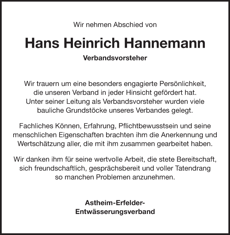  Traueranzeige für Hans Heinrich Hannemann vom 05.05.2015 aus Rüsselsheimer Echo, Groß-Gerauer-Echo, Ried Echo