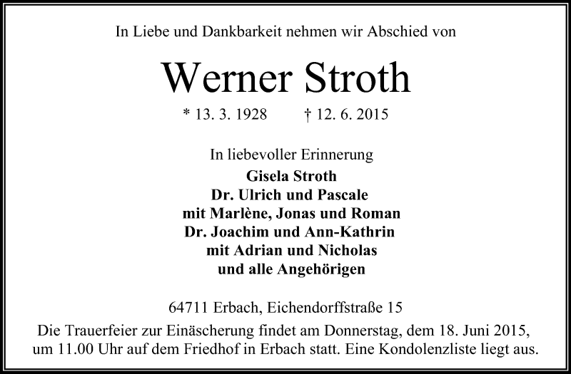  Traueranzeige für Werner Stroth vom 16.06.2015 aus Odenwälder Echo