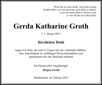 Traueranzeige von Gerda Katharine Groth von Odenwälder Echo