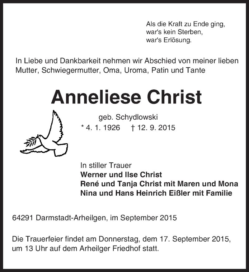  Traueranzeige für Anneliese Christ vom 16.09.2015 aus trauer.echo-online.de