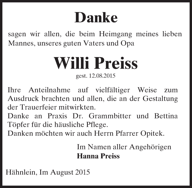  Traueranzeige für Willi Preiss vom 22.08.2015 aus trauer.echo-online.de