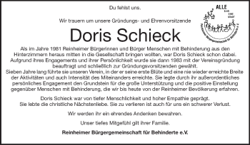 Traueranzeige von Doris Schieck von Echo-Zeitungen (Gesamtausgabe)