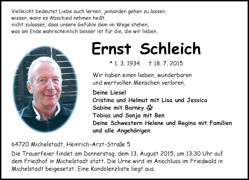  Traueranzeige für Ernst Schleich vom 01.08.2015 aus trauer.echo-online.de