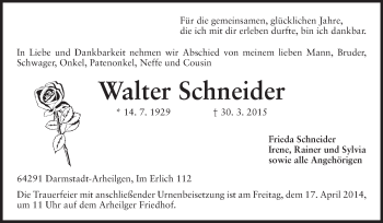 Traueranzeige von Walter Schneider von Echo-Zeitungen (Gesamtausgabe)