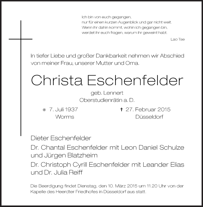  Traueranzeige für Christa Eschenfelder vom 04.03.2015 aus Echo-Zeitungen (Gesamtausgabe)