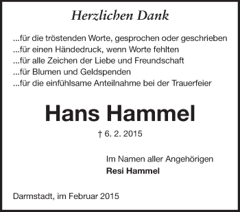 Traueranzeige von Hans Hammel von Echo-Zeitungen (Gesamtausgabe)