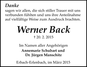 Traueranzeige von Werner Back von Odenwälder Echo