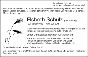 Traueranzeige von Elsbeth Schulz von Rüsselsheimer Echo, Groß-Gerauer-Echo, Ried Echo