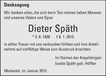Traueranzeige von Dieter Späth von Darmstädter Echo, Odenwälder Echo, Rüsselsheimer Echo, Groß-Gerauer-Echo, Ried Echo