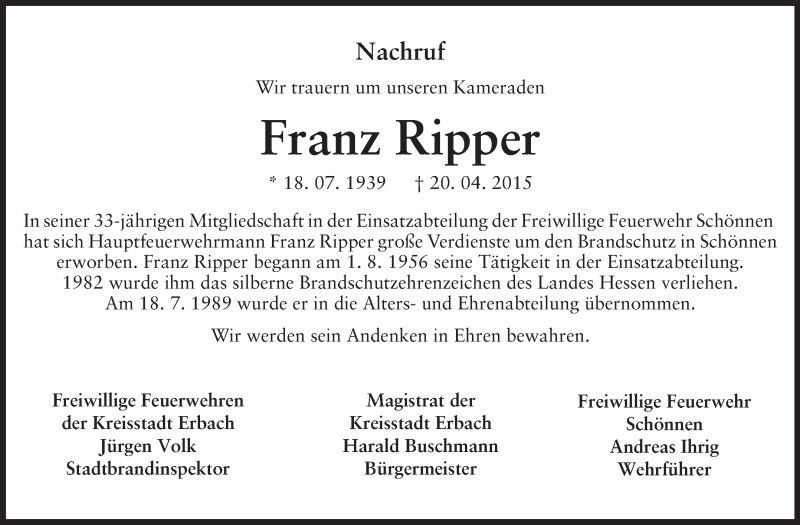  Traueranzeige für Franz Ripper vom 27.04.2015 aus Odenwälder Echo