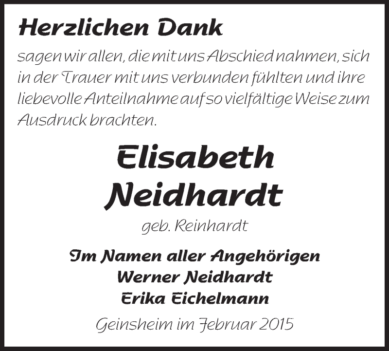  Traueranzeige für Elisabeth Neidhardt vom 11.02.2015 aus Rüsselsheimer Echo, Groß-Gerauer-Echo, Ried Echo
