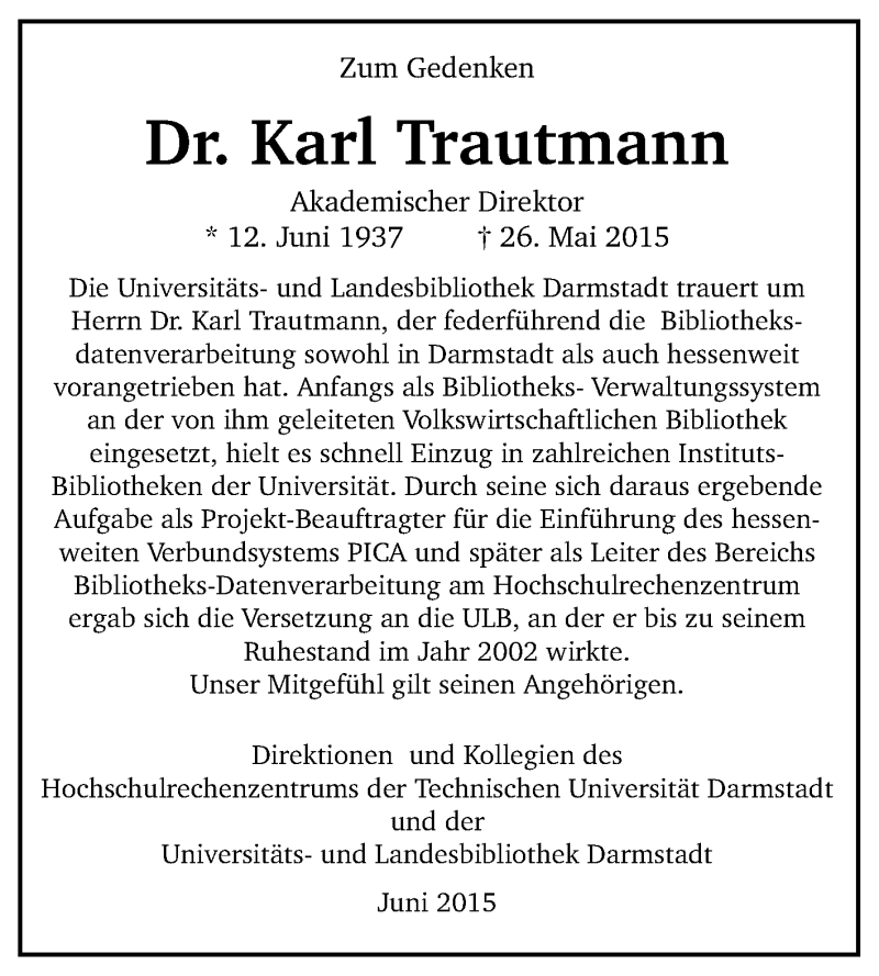  Traueranzeige für Karl Trautmann vom 03.06.2015 aus Echo-Zeitungen (Gesamtausgabe)