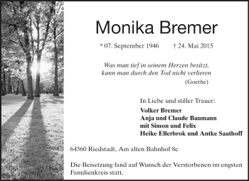 Traueranzeige von Monika Bremer von Echo-Zeitungen (Gesamtausgabe)