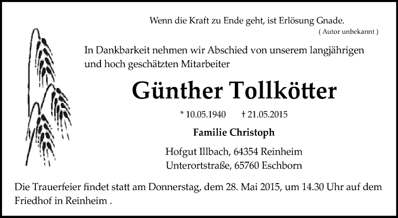  Traueranzeige für Günther Tollkötter vom 26.05.2015 aus Echo-Zeitungen (Gesamtausgabe)