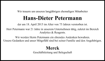 Traueranzeige von Hans-Dieter Petermann von Echo-Zeitungen (Gesamtausgabe)