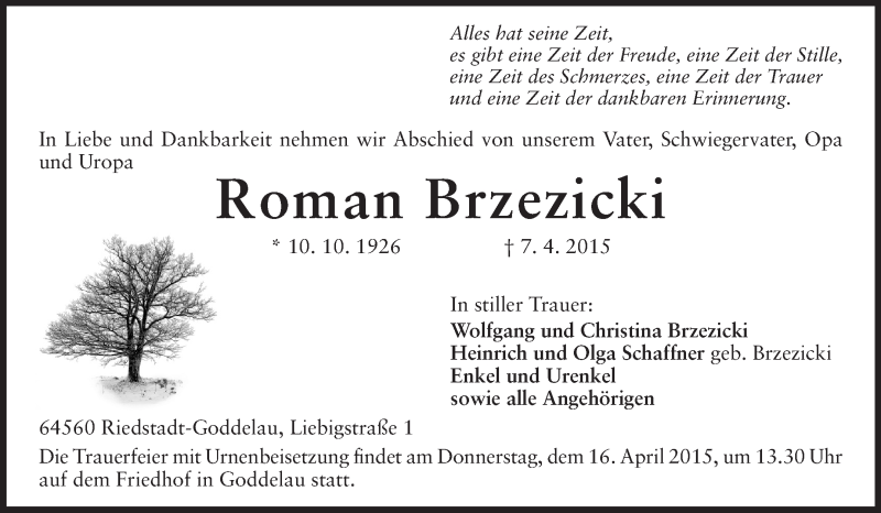  Traueranzeige für Roman Brzezicki vom 13.04.2015 aus Rüsselsheimer Echo, Groß-Gerauer-Echo, Ried Echo
