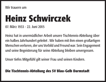 Traueranzeige von Heinz Schwirczek von Echo-Zeitungen (Gesamtausgabe)