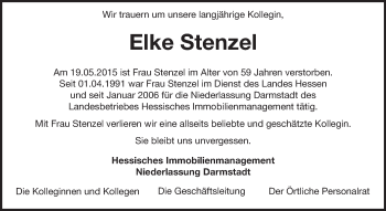 Traueranzeige von Elke Stenzel von Darmstädter Echo, Odenwälder Echo, Rüsselsheimer Echo, Groß-Gerauer-Echo, Ried Echo