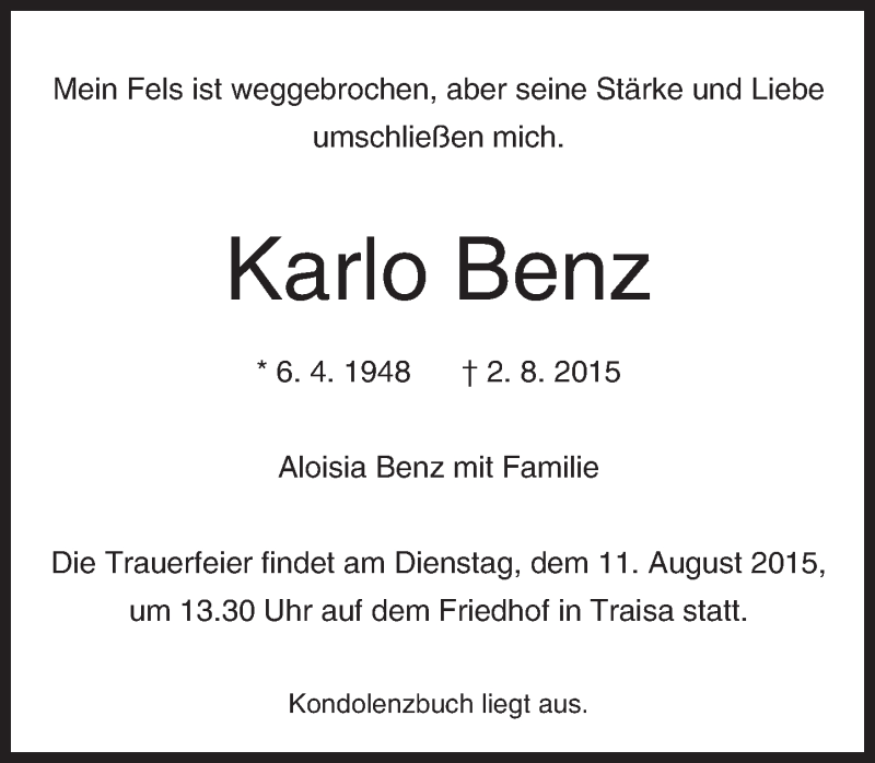  Traueranzeige für Karlo Benz vom 08.08.2015 aus trauer.echo-online.de