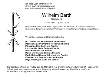 Traueranzeige von Wilhelm Barth von Echo-Zeitungen (Gesamtausgabe)