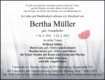 Traueranzeige von Bertha Müller von Odenwälder Echo