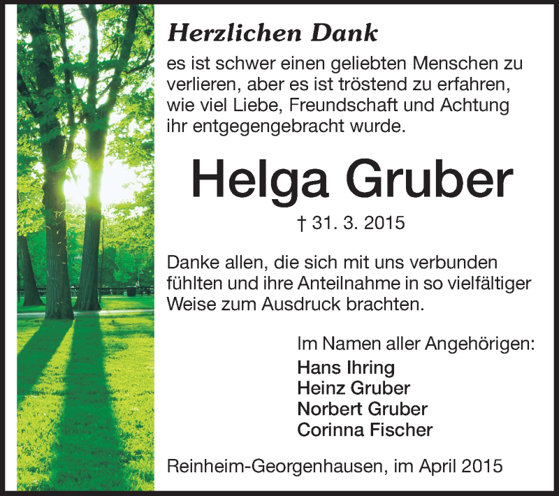  Traueranzeige für Helga Gruber vom 25.04.2015 aus Darmstädter Echo