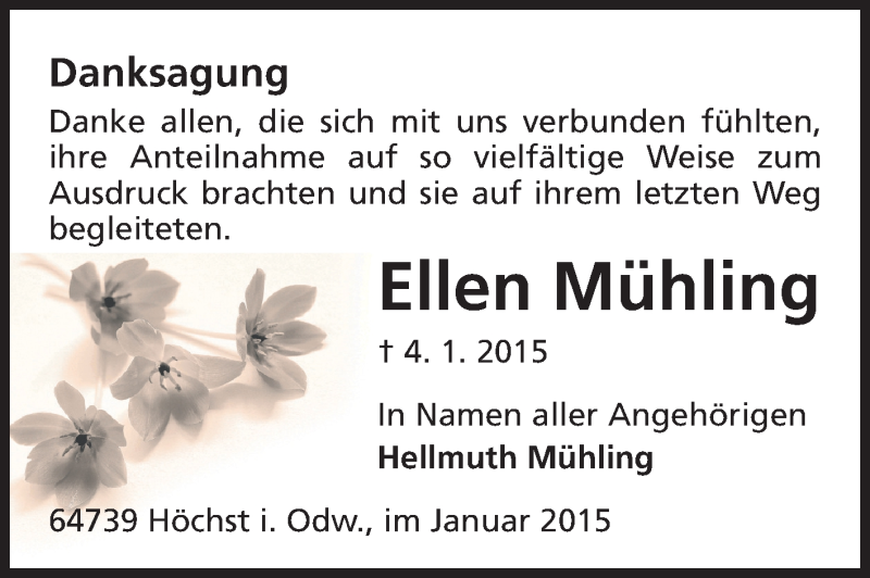  Traueranzeige für Ellen Mühling vom 04.02.2015 aus Odenwälder Echo