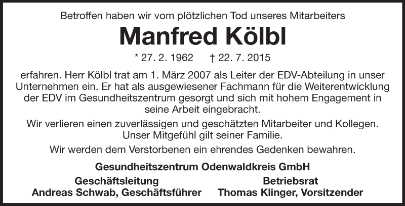  Traueranzeige für Manfred Kölbl vom 29.07.2015 aus Echo-Zeitungen (Gesamtausgabe)