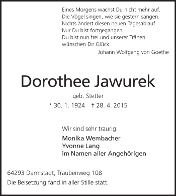 Traueranzeige von Dorothea Jawurek von Echo-Zeitungen (Gesamtausgabe)