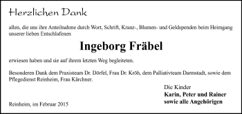Traueranzeige von Ingeborg Fräbel von Darmstädter Echo, Odenwälder Echo, Rüsselsheimer Echo, Groß-Gerauer-Echo, Ried Echo
