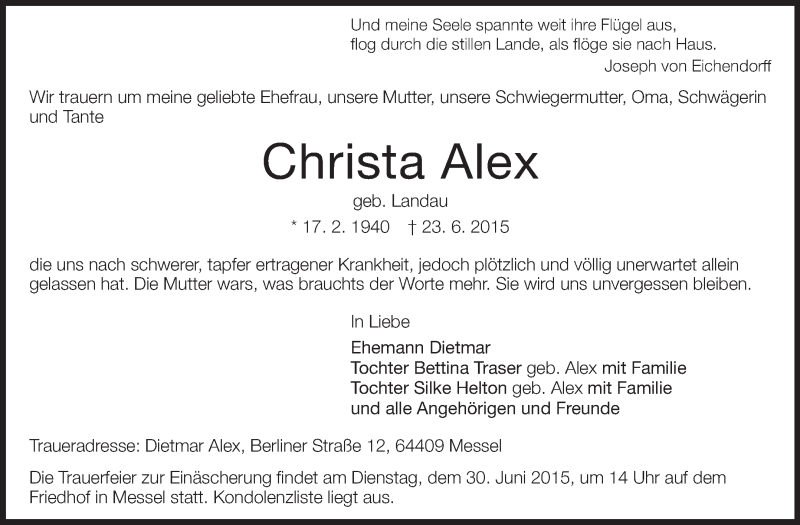  Traueranzeige für Christa Alex vom 27.06.2015 aus Echo-Zeitungen (Gesamtausgabe)